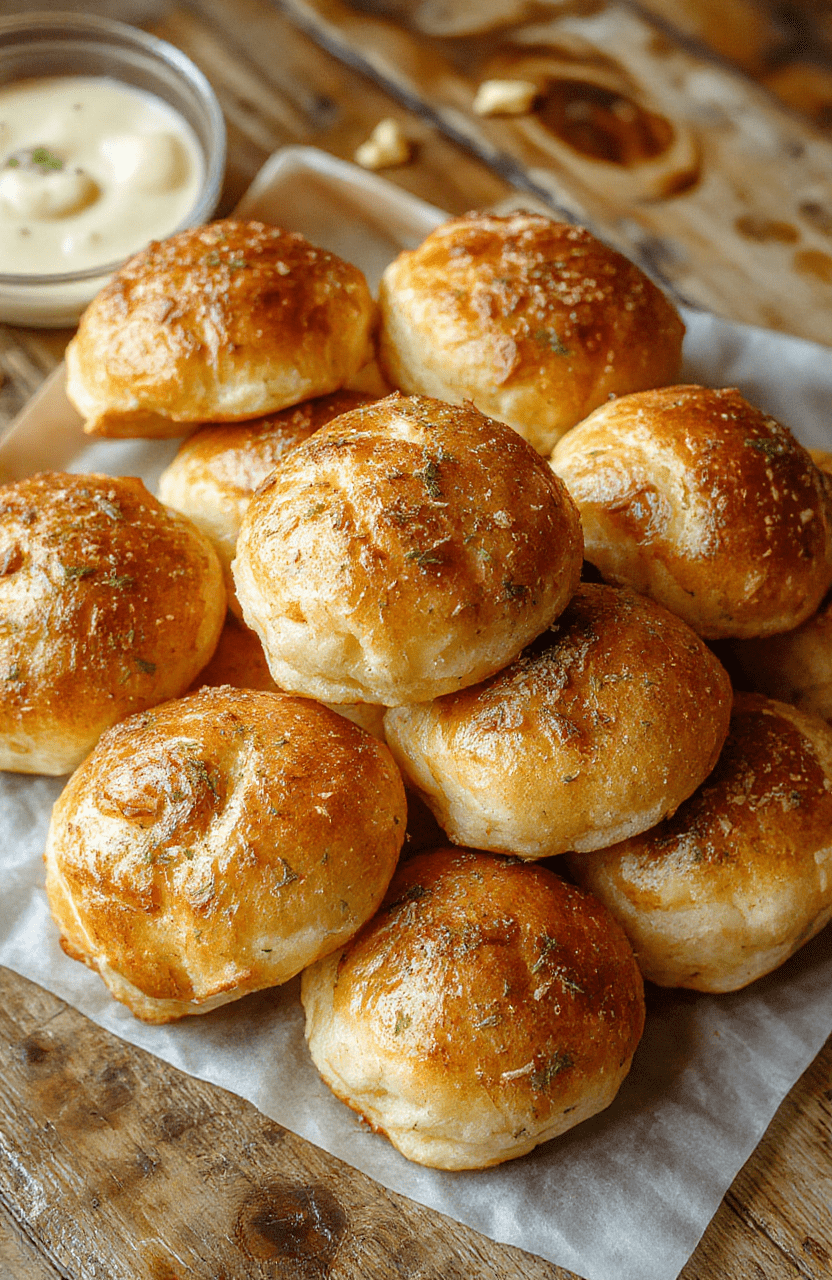 Golden-brown fluffy garlic rolls stacked attractively on a rustic wooden platter, topped with melted butter and sprinkled with chopped parsley, with a hint of garlic visible inside the soft interior, styled casually on a light-colored table