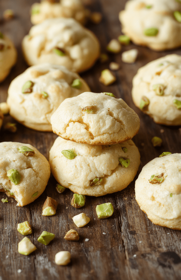 A plate of fluffy pistachio cookies with a light greenish hue, garnished with chopped pistachios, arranged beautifully on a rustic wooden surface with soft natural lighting, showcasing their moist and airy texture, styled with spring-themed decor in the background.