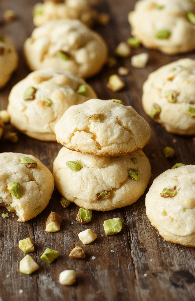 A plate of fluffy pistachio cookies with a light greenish hue, garnished with chopped pistachios, arranged beautifully on a rustic wooden surface with soft natural lighting, showcasing their moist and airy texture, styled with spring-themed decor in the background.
