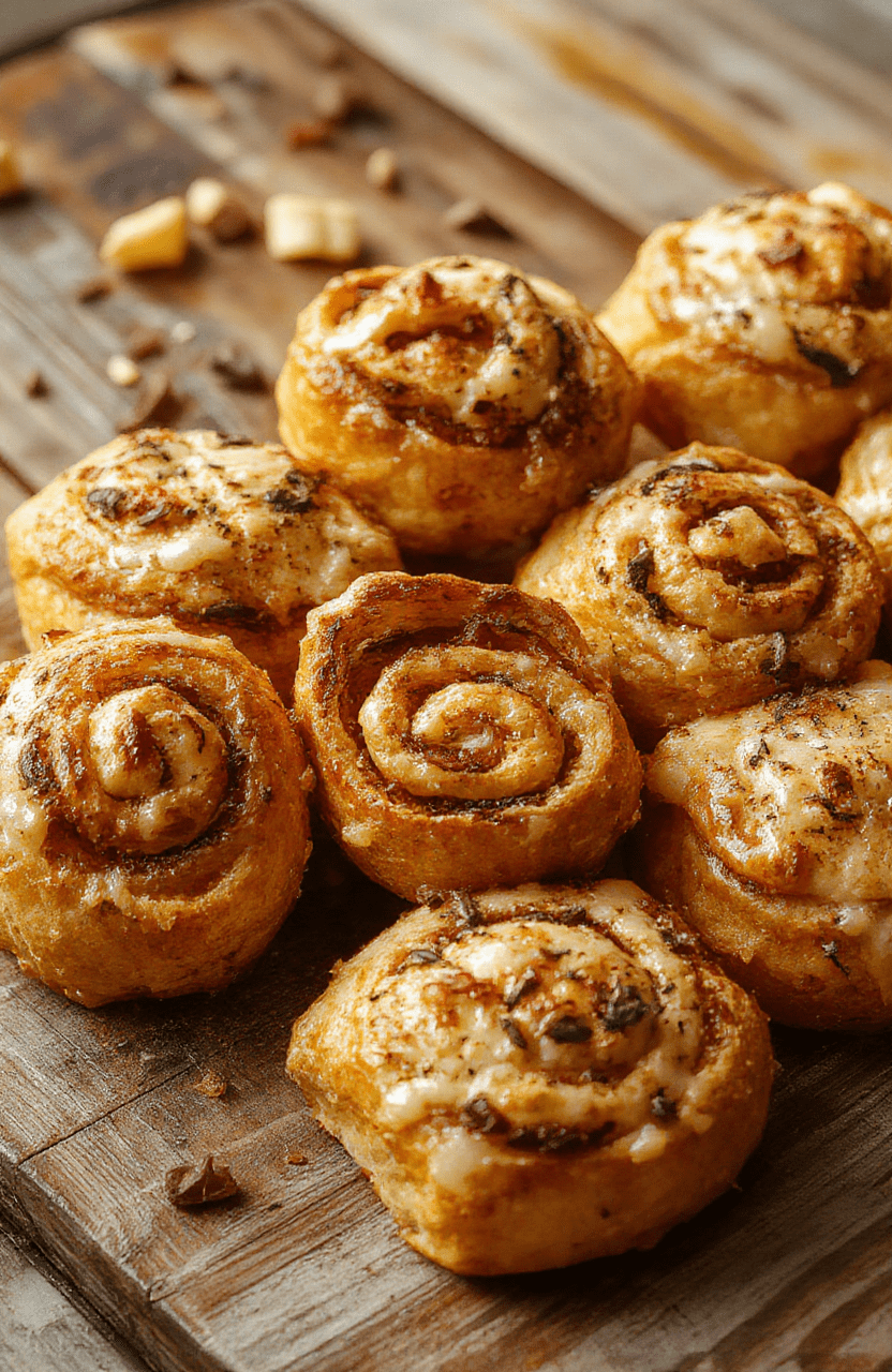 A close-up of fluffy pumpkin rolls on a rustic wooden platter, generously glazed with cream cheese frosting, surrounded by autumn leaves and cinnamon sticks, showcasing golden-brown, pillowy textures and a sprinkle of powdered sugar, styled simply for a cozy fall vibe.
