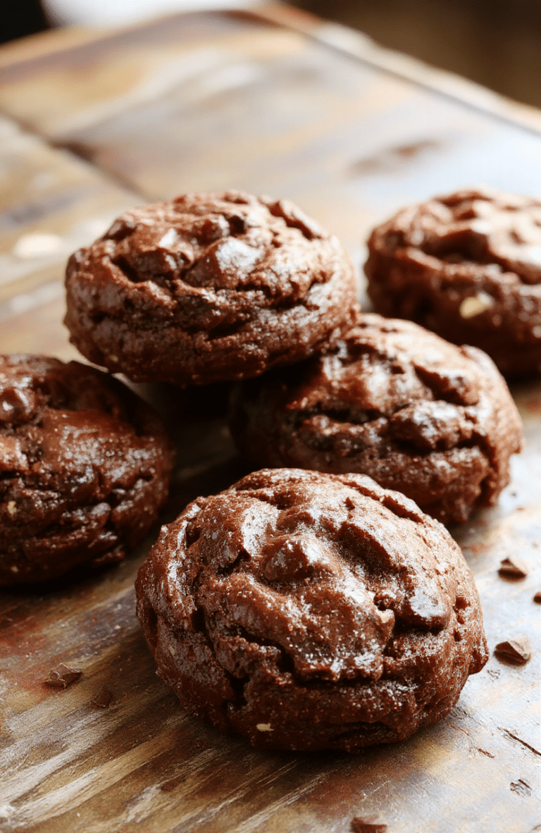 A plate of decadent fudgy chewy brownie cookies with cracked surfaces, rich dark chocolate color, presented on a rustic wooden table with scattered cocoa powder and chocolate chunks, styled simply to emphasize their moist, chewy texture and glossy finish.