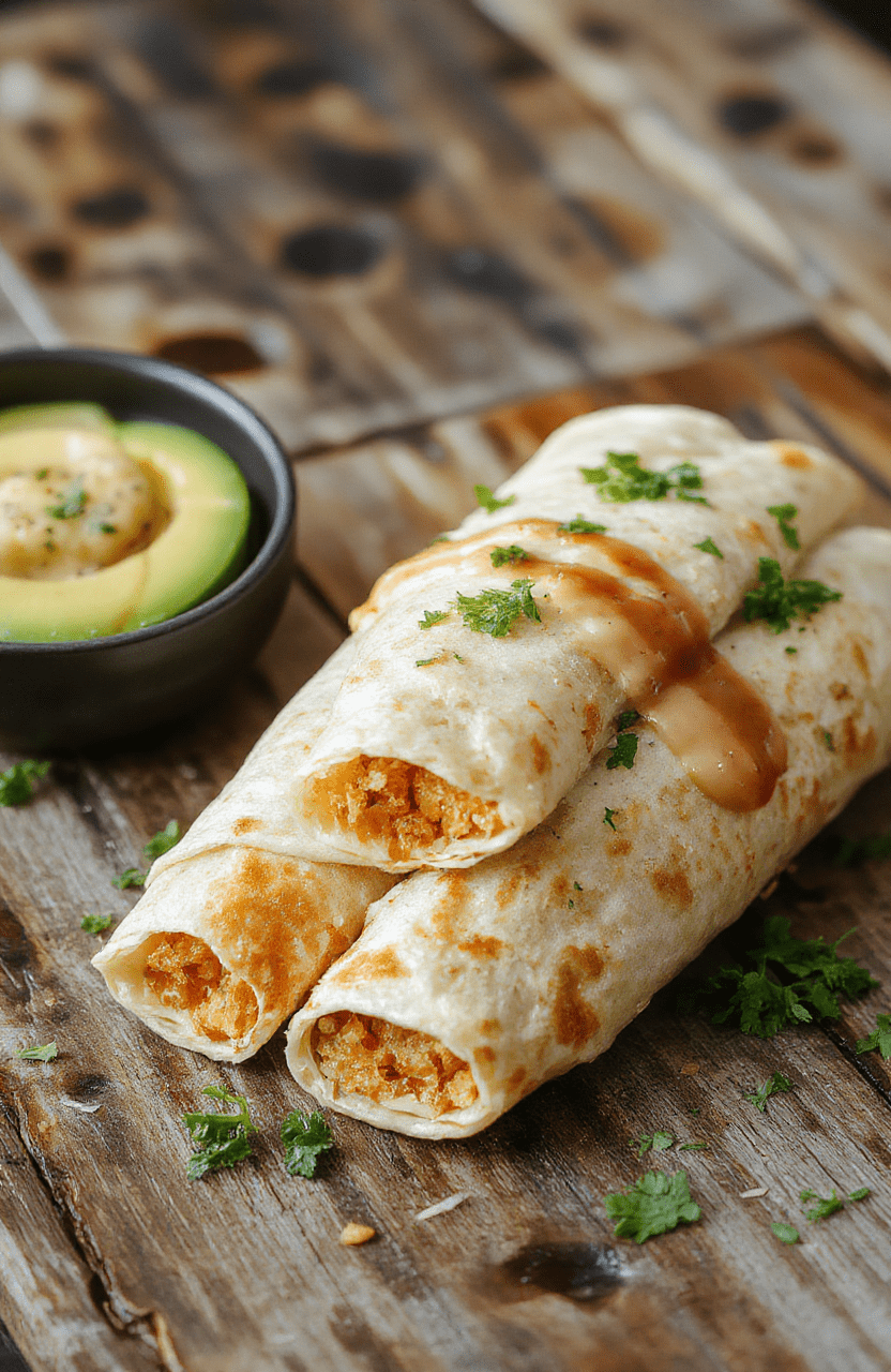 Golden brown crispy taquitos arranged on a white plate, with visible filling of cheese and seasoned meat. The taquitos have a crunchy texture with some bits of the shell broken to reveal the filling, and are garnished with fresh chopped cilantro and sliced lime on a rustic wooden surface.