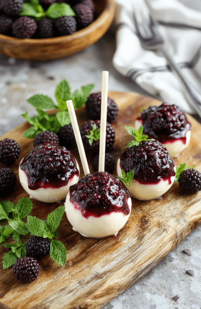 Vivid purple blackberry cheesecake pops on decorative sticks, set against a rustic wooden platter with fresh blackberries and mint garnish, showcasing smooth creamy texture with glistening berry glaze and crunchy sticks, styled in natural daylight for an inviting, homemade feel.