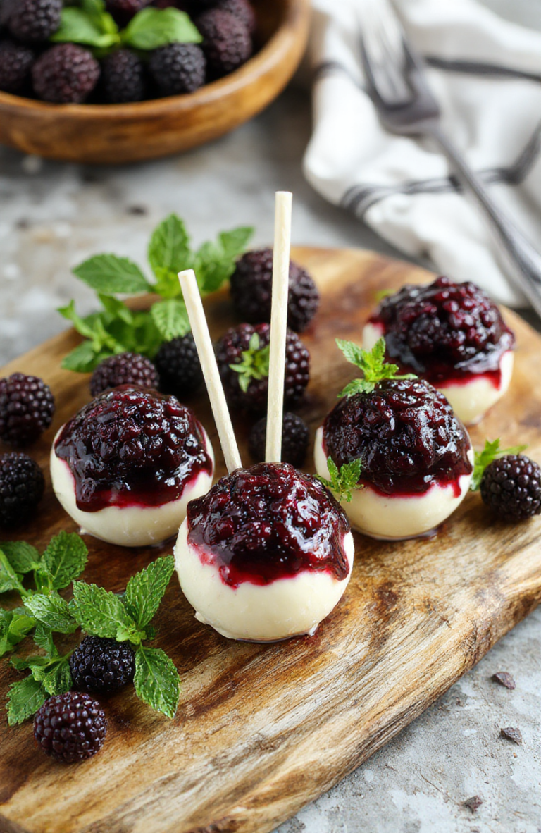 Vivid purple blackberry cheesecake pops on decorative sticks, set against a rustic wooden platter with fresh blackberries and mint garnish, showcasing smooth creamy texture with glistening berry glaze and crunchy sticks, styled in natural daylight for an inviting, homemade feel.