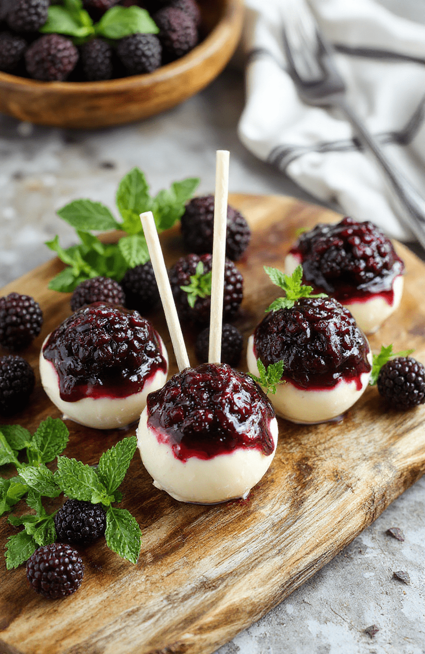 Vivid purple blackberry cheesecake pops on decorative sticks, set against a rustic wooden platter with fresh blackberries and mint garnish, showcasing smooth creamy texture with glistening berry glaze and crunchy sticks, styled in natural daylight for an inviting, homemade feel.