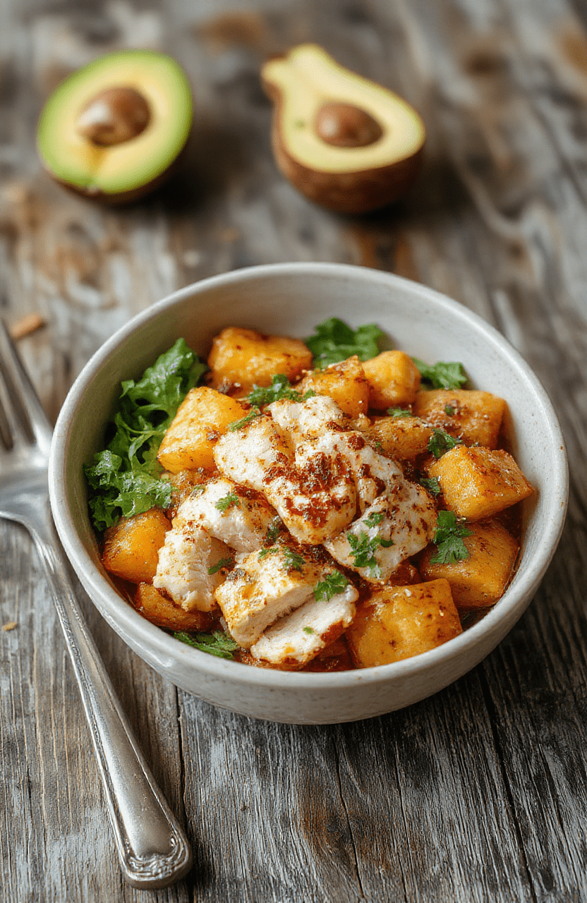 Colorful chicken sweet potato bowl served on a white plate, featuring roasted sweet potatoes, tender grilled chicken slices, bright green spinach, and a drizzle of sauce. The bowl is arranged neatly, highlighting the textures of crispy edges and smooth vegetables, garnished with herbs. The background is blurred with a rustic wooden table and natural lighting, creating an inviting and wholesome presentation.