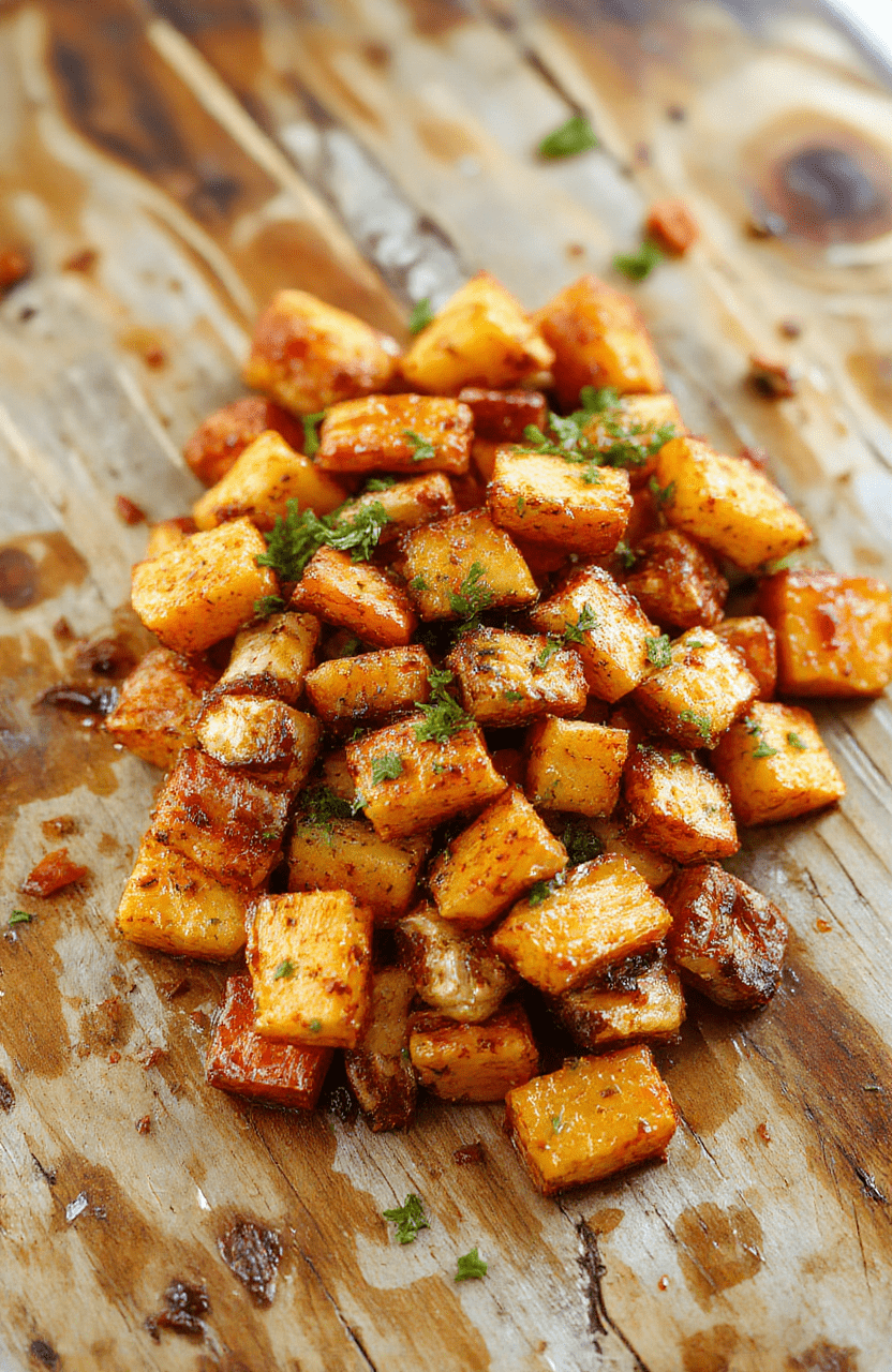 Colorful roasted sweet potatoes and carrots arranged on a rustic wooden platter, caramelized edges, vibrant orange and purple hues, sprinkled with fresh herbs, textured surface, inviting and appetizing presentation with a clean background.