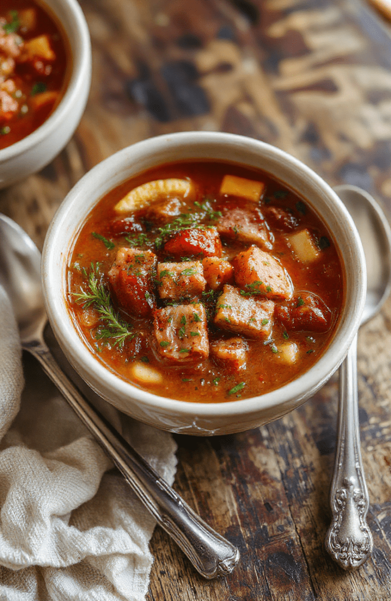 A warm bowl of hearty kielbasa soup featuring slices of grilled kielbasa, colorful vegetables like carrots and celery, topped with fresh herbs, served in a rustic ceramic bowl on a wooden table with a background of a cozy kitchen setting, vibrant colors, textured ingredients, inviting and comforting