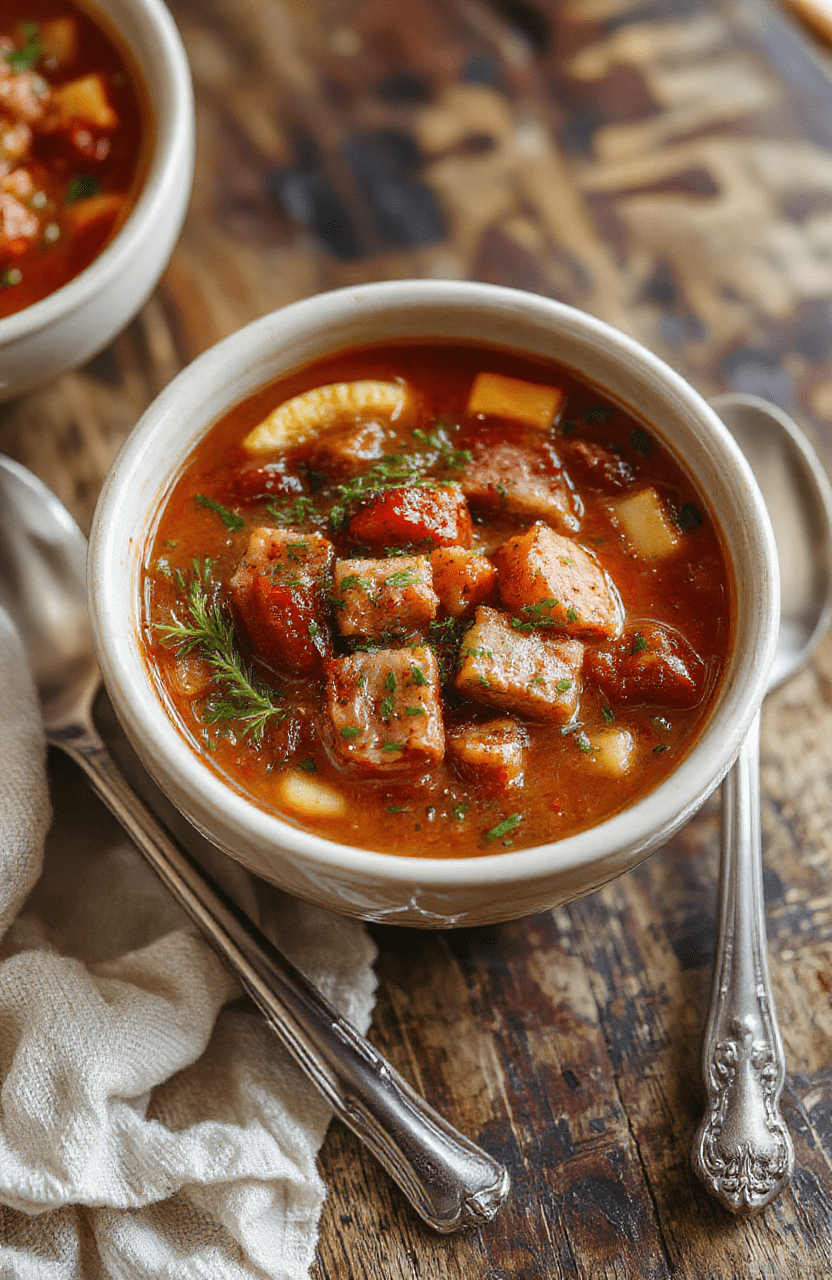 A warm bowl of hearty kielbasa soup featuring slices of grilled kielbasa, colorful vegetables like carrots and celery, topped with fresh herbs, served in a rustic ceramic bowl on a wooden table with a background of a cozy kitchen setting, vibrant colors, textured ingredients, inviting and comforting