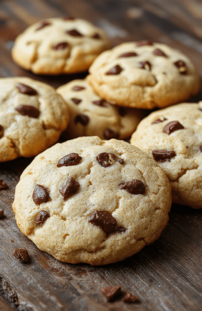 A close-up shot of a rustic plate stacked with golden-brown cowboy cookies, featuring chunks of chocolate, oats, and nuts, with a slightly cracked surface, styled on a wooden table with a soft-focus background, inviting and warm.