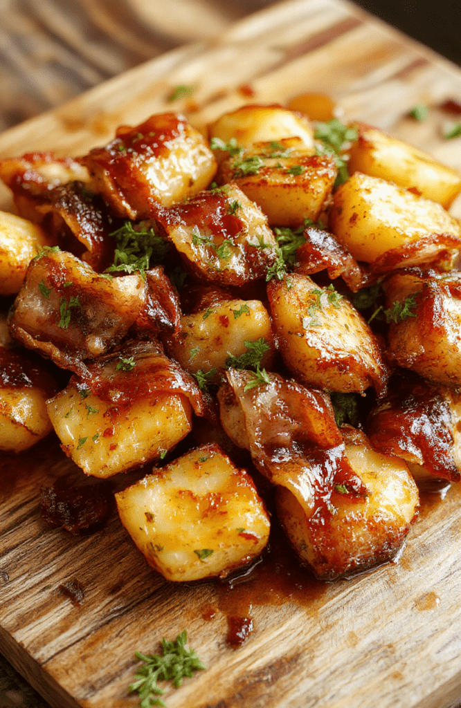 A vibrant plate of baked potatoes topped with crispy bacon and sliced ham, garnished with fresh herbs, arranged on a rustic wooden table with melted cheese bubbling around the toppings, styled simply for a warm, inviting look