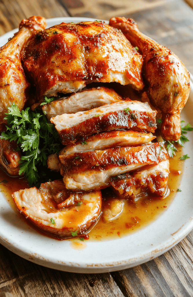 A whole roasted turkey with golden crispy skin resting on a platter, garnished with fresh herbs and lemon slices, surrounded by colorful roasted vegetables, styled on a rustic wooden table with soft natural daylight highlighting the rich textures and inviting presentation.