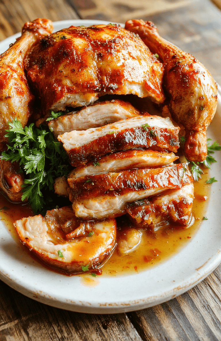 A whole roasted turkey with golden crispy skin resting on a platter, garnished with fresh herbs and lemon slices, surrounded by colorful roasted vegetables, styled on a rustic wooden table with soft natural daylight highlighting the rich textures and inviting presentation.