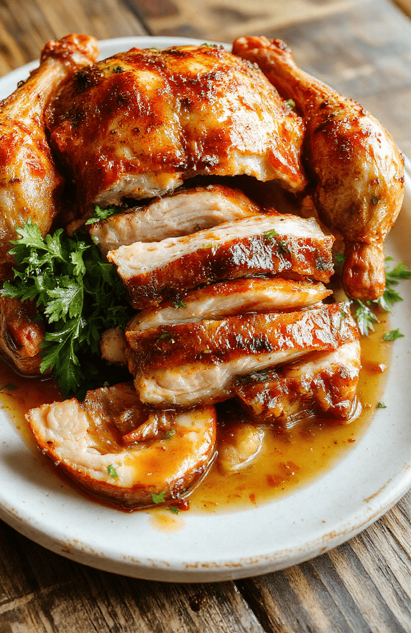 A whole roasted turkey with golden crispy skin resting on a platter, garnished with fresh herbs and lemon slices, surrounded by colorful roasted vegetables, styled on a rustic wooden table with soft natural daylight highlighting the rich textures and inviting presentation.