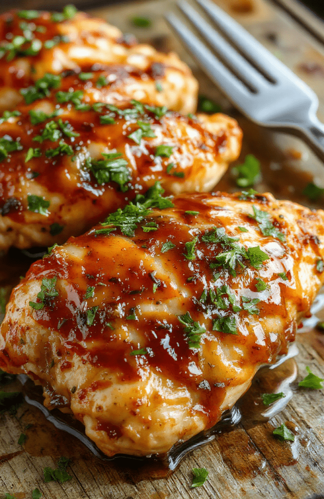 A vibrant plate of lemon honey glazed chicken featuring golden-brown crispy edges, topped with fresh lemon slices and a drizzle of honey glaze. The chicken is presented on a rustic white ceramic plate, garnished with chopped parsley, with a lemon wedge on the side. The background showcases a lightly textured wooden table with natural daylight highlighting the glossy glaze and tender texture of the chicken.
