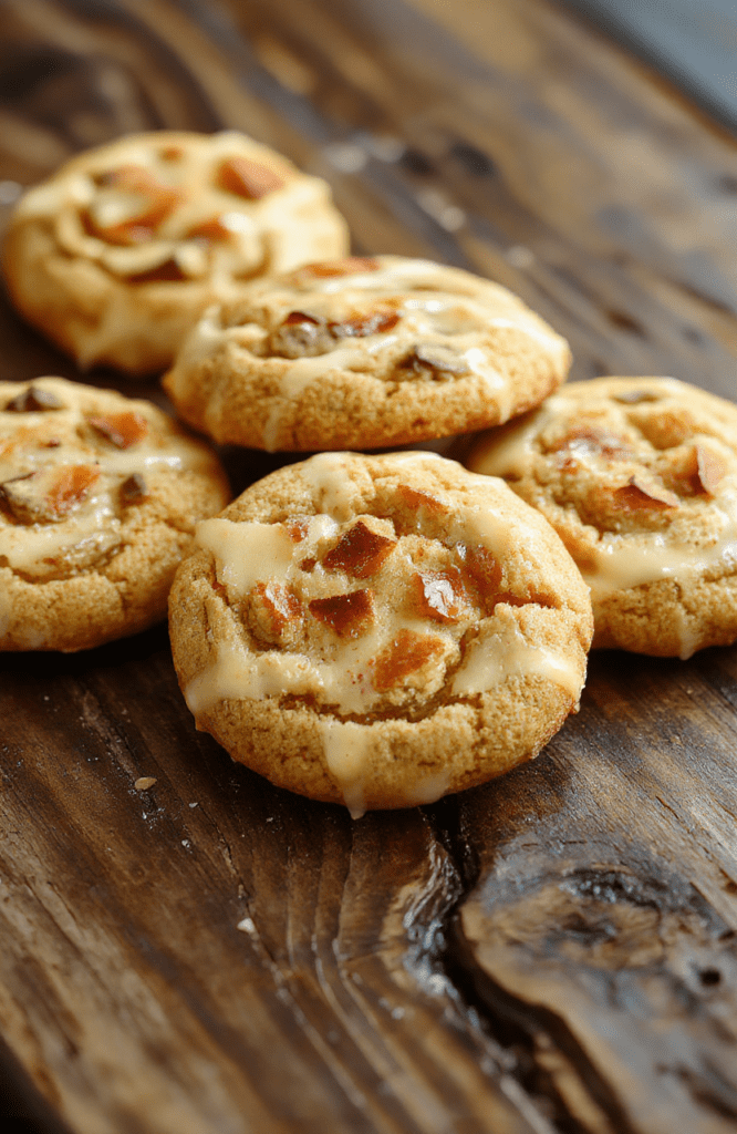 Colorful platter of no-bake butterbeer cookies with a golden-brown exterior, drizzled with caramel and whipped cream, styled on a rustic wooden surface with a soft focus on the textured cookies.