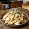 A vibrant plate of creamy pasta garnished with fresh herbs and grated cheese, presented on a rustic wooden table with a background of a cozy kitchen setting