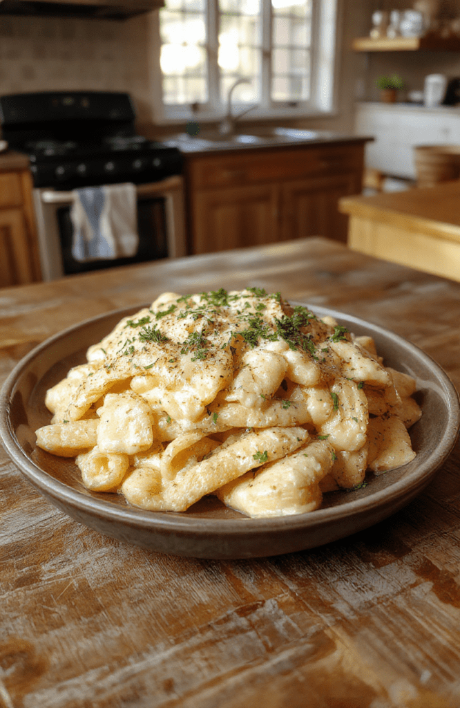 A vibrant plate of creamy pasta garnished with fresh herbs and grated cheese, presented on a rustic wooden table with a background of a cozy kitchen setting