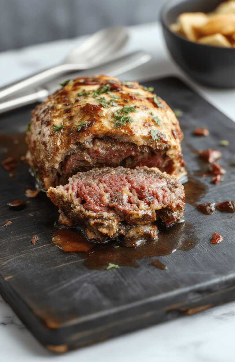 A beautifully plated Beef Wellington featuring golden, flaky puff pastry encasing tender beef topped with mushroom duxelles. The dish is artfully sliced to reveal the juicy medium-rare beef center, garnished with fresh herbs, on a rustic wooden table with a soft natural light highlighting its rich textures and appealing colors.