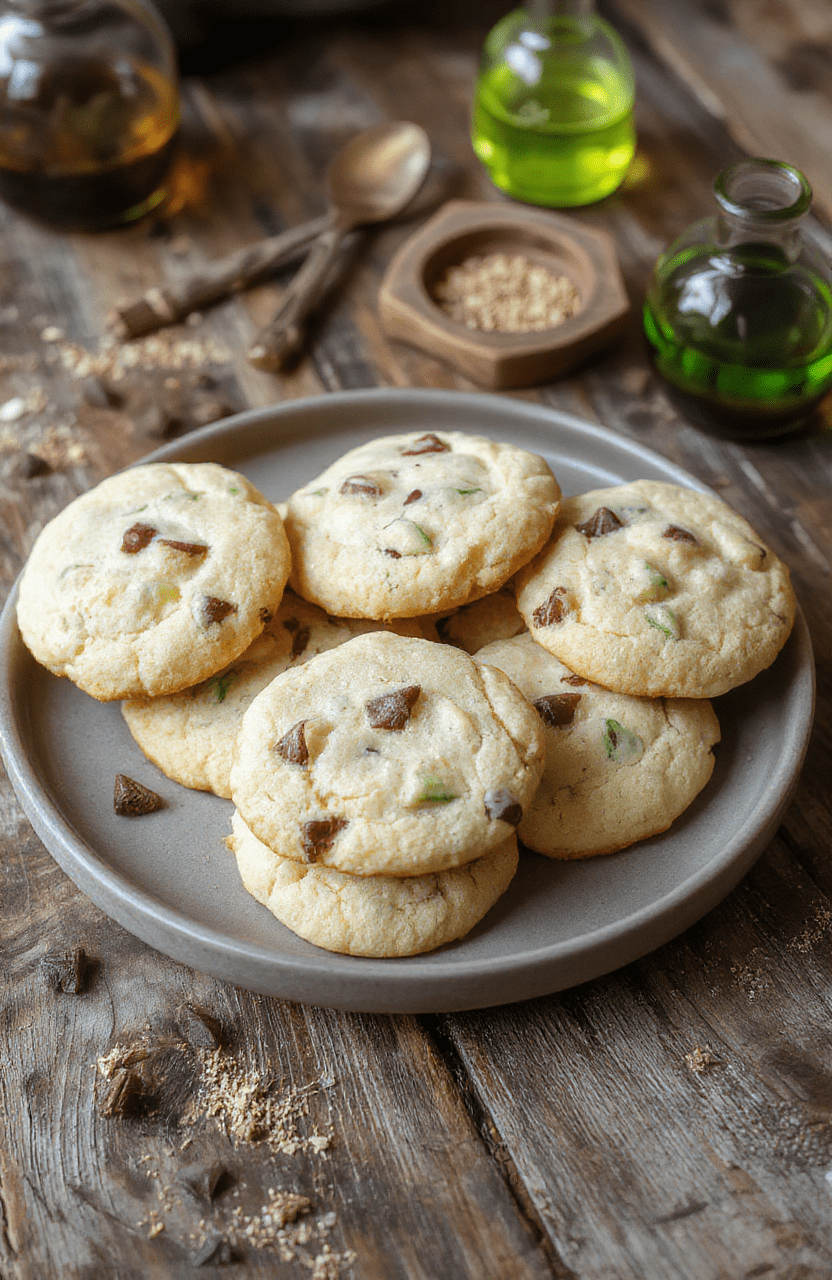 Colorful Polyjuice Potion Cookies on a rustic wooden platter with swirls of caramel and bits of pretzel, featuring vibrant green, purple, and orange hues, topped with playful pretzel wands, styled with a whimsical magic theme.