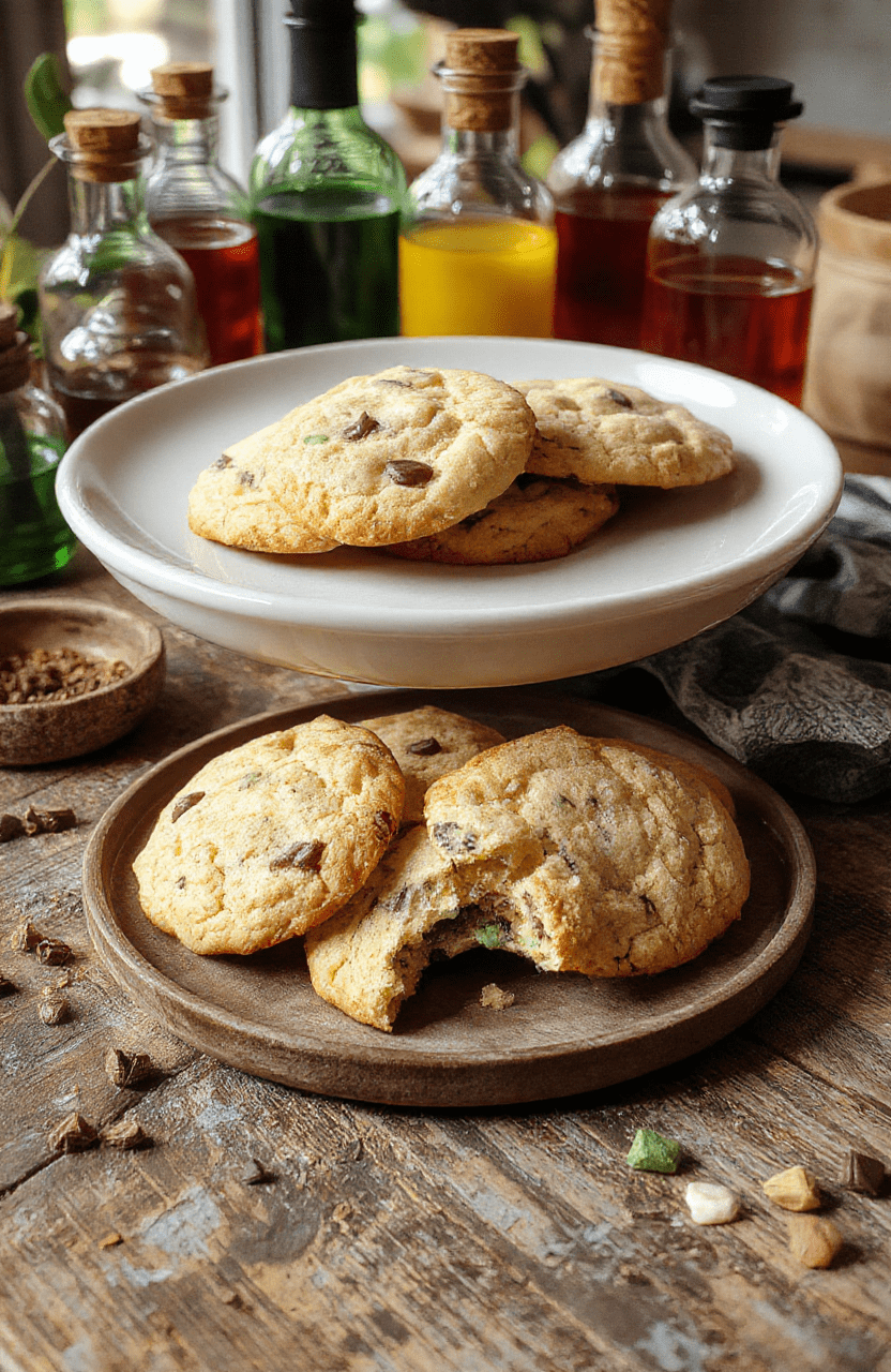Colorful Polyjuice Potion Cookies with a swirling caramel liquid inside, topped with mini pretzel wands, served on a rustic wooden tray with mystical potion bottles in the background