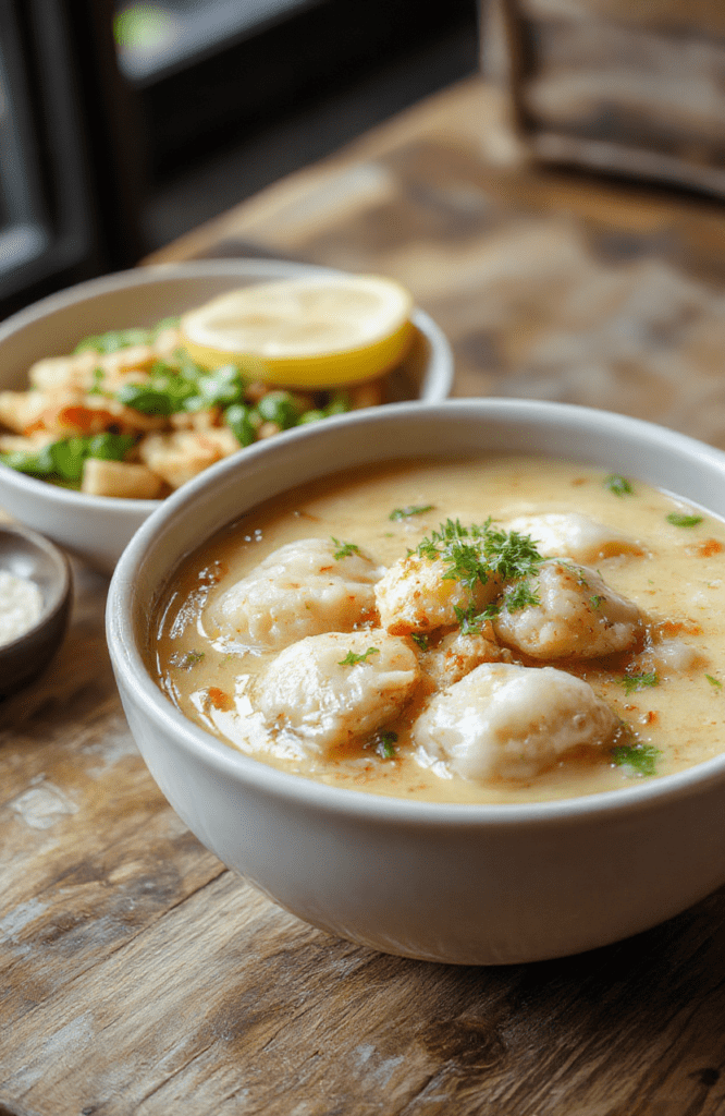 A vibrant bowl of chicken dumpling soup featuring fluffy dumplings floating in a rich, savory broth. The soup is garnished with fresh herbs and served in a rustic white bowl on a wooden table, with steam rising, highlighting the cozy and hearty appeal. Textured dumplings contrast with the smooth broth, creating an inviting and comforting visual.