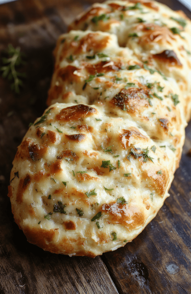 A soft, golden-brown focaccia bread topped with fresh garlic, rosemary, and coarse sea salt, presented on a rustic wooden board with olive oil drizzled around, showcasing its fluffy interior and crispy crust, styled casually with a knife and a sprinkle of herbs.