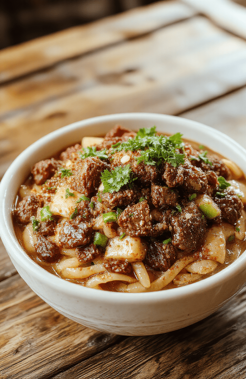 A vibrant plate of Mongolian ground beef noodles featuring tender minced beef mixed with glossy, flavorful sauce and garnished with chopped green onions, served over perfectly cooked ramen noodles on a rustic wooden table, with a spoon and chopsticks nearby, capturing a colorful and appetizing presentation.