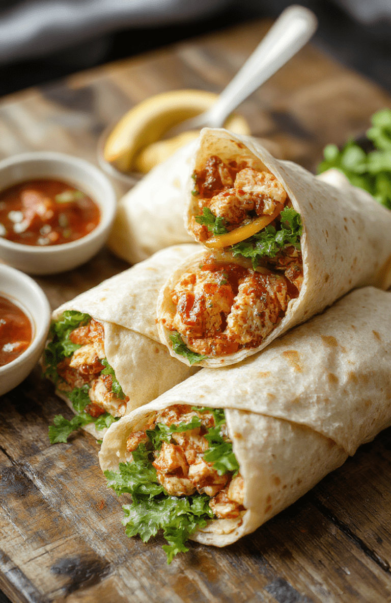 Colorful plate of sliced sweet chili chicken wraps with fresh lettuce, vibrant red and green peppers, and creamy sauces. The wraps are neatly rolled, showcasing the tender, glazed chicken filling with a glossy sweet chili sauce, surrounded by a rustic wooden table setting, with natural light highlighting textures and bright colors.