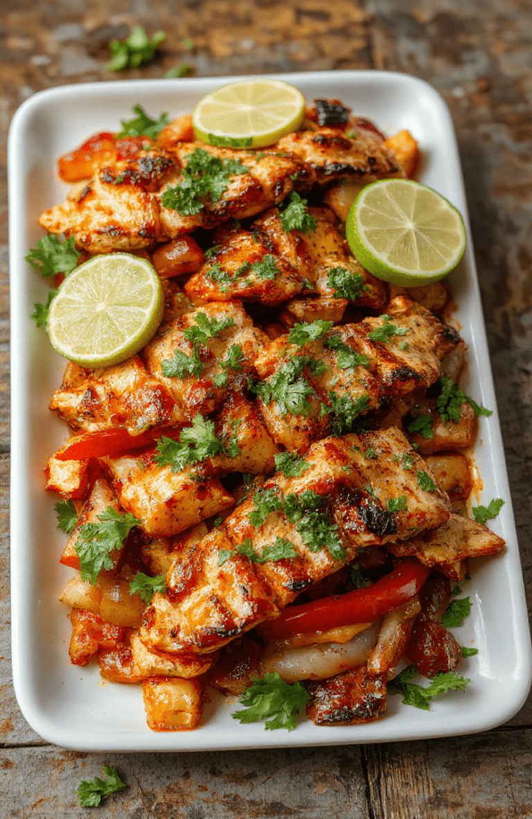 Colorful chicken fajitas on a rustic wooden surface, featuring sliced bell peppers and onions, topped with fresh cilantro and lime wedges, with charred edges on the chicken strips, all arranged invitingly on a rectangular white plate, styled with a casual, vibrant atmosphere