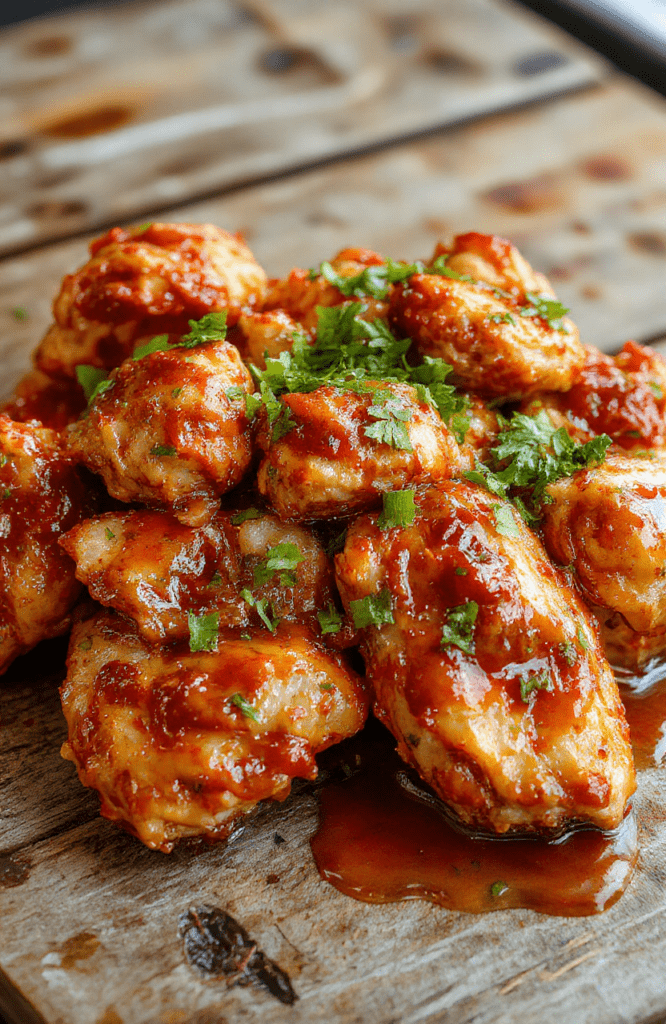 A vibrant plate of sweet chili chicken featuring golden-brown chicken pieces coated in glossy, spicy sweet chili sauce, garnished with fresh green herbs and sliced red chili peppers, served on a rustic white plate with a drizzle of sauce, accompanied by colorful vegetables and rice, textures of crispy chicken and smooth sauce highlighted against a clean background.