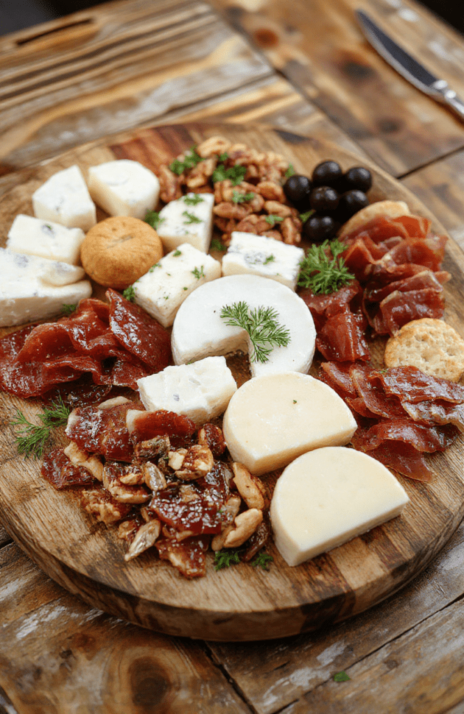 A vibrant cheese and charcuterie board arranged on a rustic wooden table, featuring assorted cheeses, cured meats, fresh fruits, nuts, crackers, and garnishes. The colors are warm and inviting, with deep reds, creamy whites, and bright accents. Artistic arrangement and balanced textures highlight a sophisticated yet approachable presentation, perfect for entertaining guests.