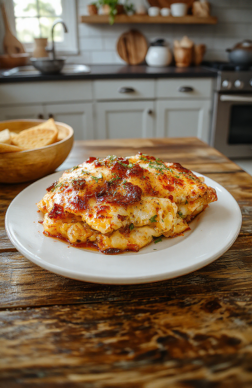 A warm, inviting plate featuring a hearty casserole topped with melted cheese and garnished with fresh herbs, set on a rustic wooden table with autumn-themed decor in the background.