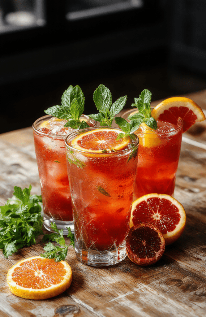 A vibrant glass of blood orange mojito garnished with fresh mint leaves and slices of blood orange, vibrant red-orange color, crystal-clear ice cubes, and a sprig of mint, stylishly presented on a light wooden table with a blurred background.