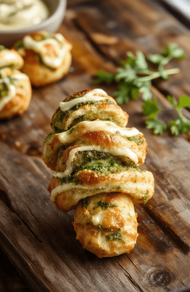 A golden-brown puff pastry tree topped with vibrant green pesto, cherry tomato accents, and grated cheese, arranged on a rustic wooden platter, garnished with fresh herbs, creating a festive and inviting holiday appetizer with flaky textures and colorful presentation.