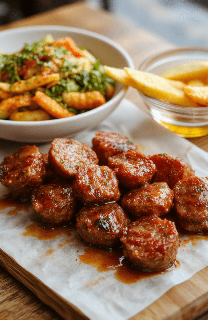 Colorful savory sausage bites arranged neatly on a white plate, garnished with fresh herbs, showcasing crispy edges and juicy centers, with a rustic wooden background and natural daylight emphasizing textures and vibrant colors.