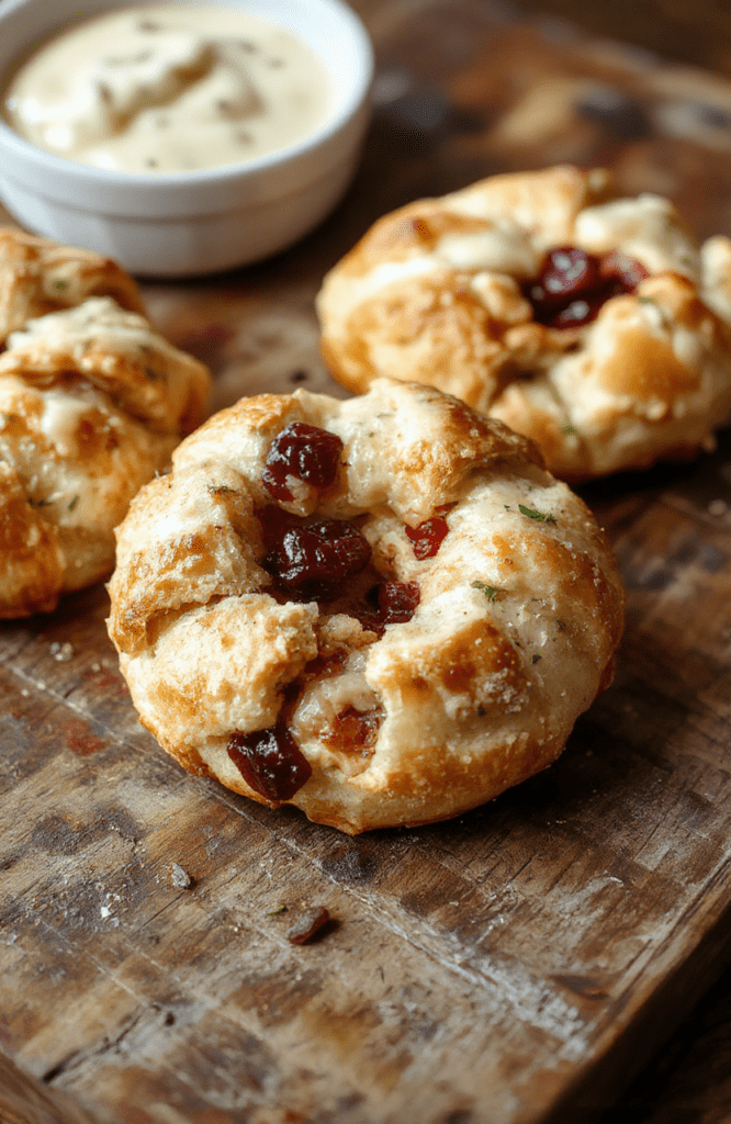 A golden-brown crescent ring filled with turkey and cranberry sauce, topped with melted cheese, arranged on a rustic wooden platter garnished with fresh herbs, vibrant and inviting, perfect for holiday gatherings.