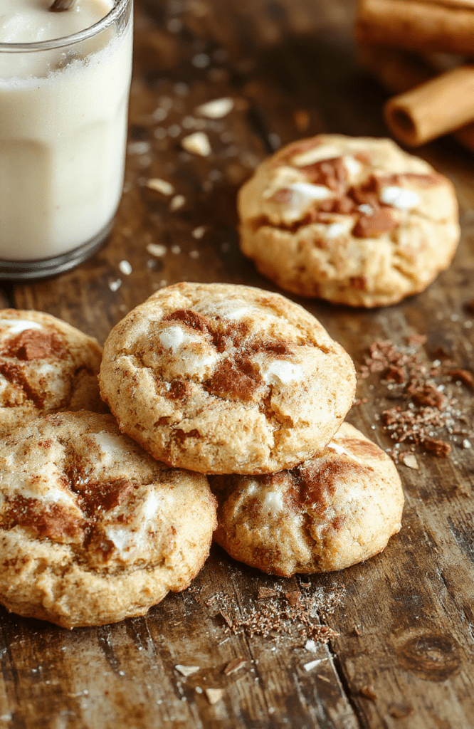 A plate of soft, chewy snickerdoodle cookies coated in cinnamon sugar, arranged on a rustic wooden surface with a sprinkle of cinnamon, warm lighting highlighting their golden-brown edges and cracked, sugary tops, styled with a light dusting of cinnamon for a cozy, inviting look.
