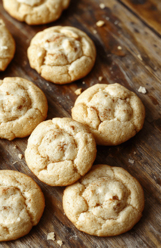 A plate of golden-brown, soft and chewy snickerdoodles coated with cinnamon sugar, arranged on a rustic wooden surface with a lightly sprinkled cinnamon atop, styled with a cozy fall ambiance, warm lighting highlighting their slightly cracked textured surface and rolled edges, inviting and homemade feel.