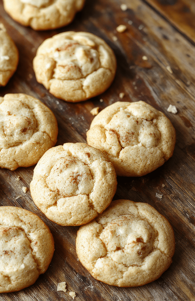 A plate of golden-brown, soft and chewy snickerdoodles coated with cinnamon sugar, arranged on a rustic wooden surface with a lightly sprinkled cinnamon atop, styled with a cozy fall ambiance, warm lighting highlighting their slightly cracked textured surface and rolled edges, inviting and homemade feel.