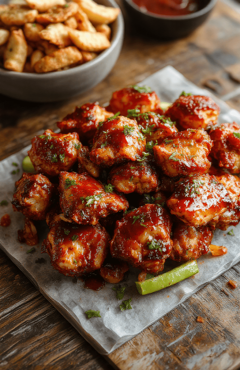 A vibrant plate of spicy firecracker chicken featuring crispy chicken bites glazed with a fiery red sauce, garnished with chopped scallions and sesame seeds, placed on a rustic wooden table with colorful peppers and fresh herbs in the background, showcasing a glossy, appetizing texture and bold colors.