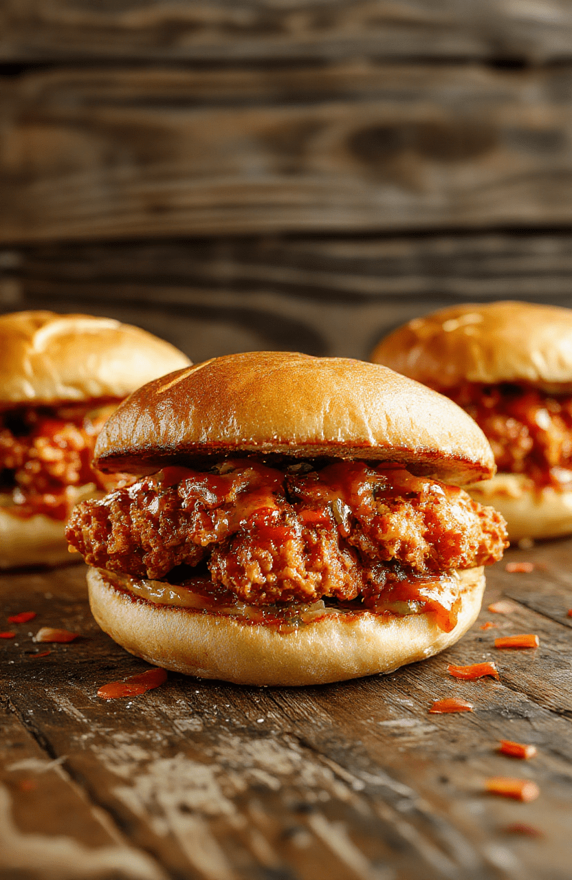 A vibrant spread featuring a crispy Nashville hot chicken sandwich with red spicy sauce drizzled over golden breaded chicken, topped with pickles and served on a toasted bun. The sandwich is placed on a rustic wooden plate, with a side of coleslaw and a small bowl of extra hot sauce, colorful garnishes complementing the fiery dish. The textures of crispy chicken and soft bun contrast beautifully, styled casually for an inviting look.