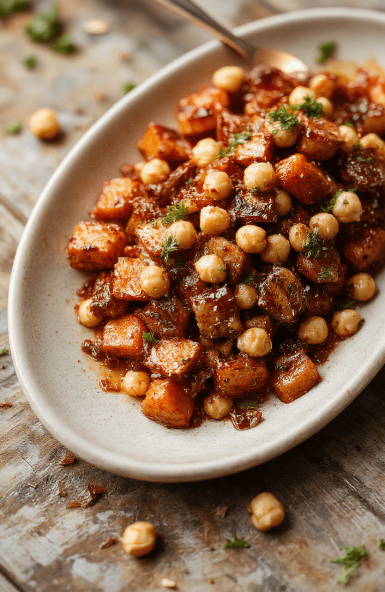 A vibrant plate of caramelized orange roasted carrots topped with crunchy golden chickpeas, garnished with fresh herbs, on a rustic wooden table, exuding warmth and inviting textures.