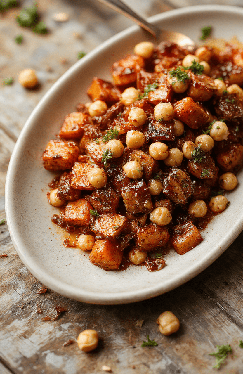 A vibrant plate of caramelized orange roasted carrots topped with crunchy golden chickpeas, garnished with fresh herbs, on a rustic wooden table, exuding warmth and inviting textures.