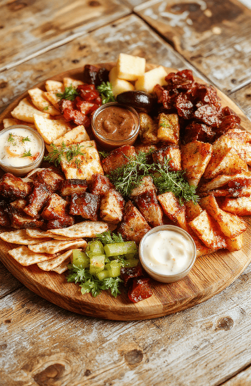 A vibrant and visually appealing charcuterie board featuring an assortment of cheeses, cured meats, fresh fruits, nuts, and artisanal crackers. The board is beautifully arranged with contrasting colors and textures, styled with greenery and small bowls of dips. Natural daylight highlights the glossy textures of meats and the creamy cheeses, arranged on a rustic wooden serving tray with decorative elements for an elegant party presentation.