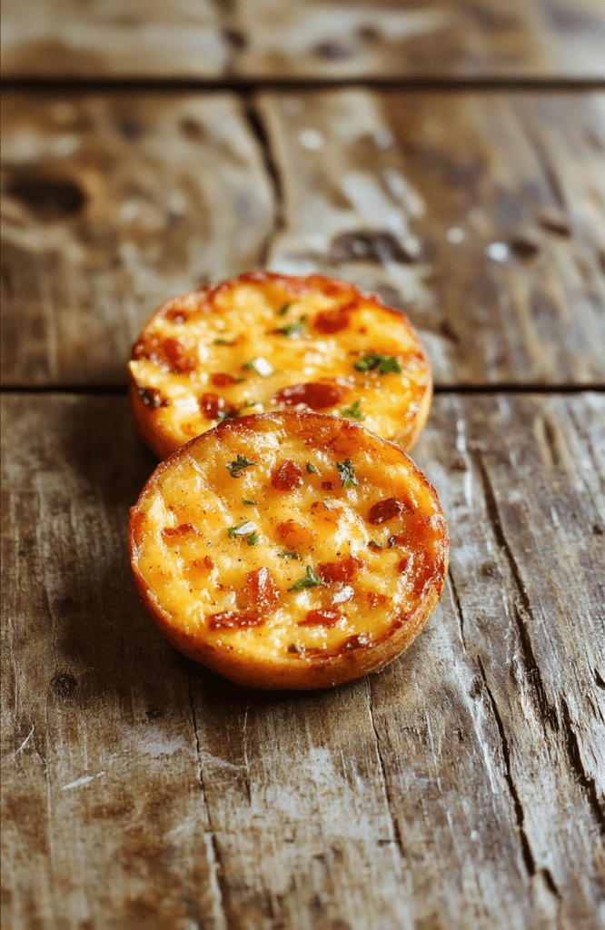Vibrant orange sweet potato rounds arranged on a rustic white plate, topped with fresh herbs and a drizzle of honey, with a textured wooden table background showcasing the crispy textures and golden edges.