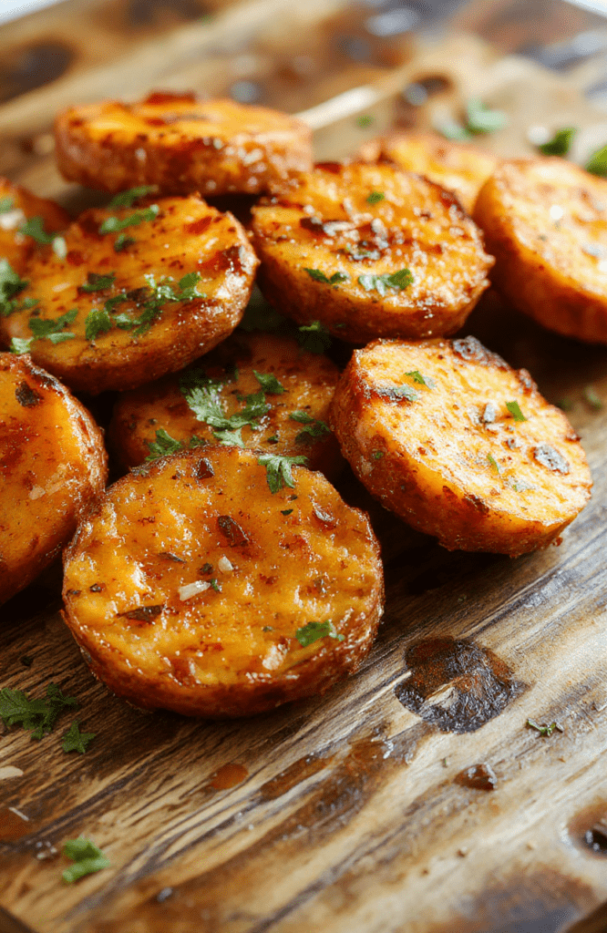 Golden-brown sweet potato rounds stacked neatly on a white plate, garnished with fresh herbs, with a crispy texture visible and a vibrant background of green herbs and a rustic wooden surface.