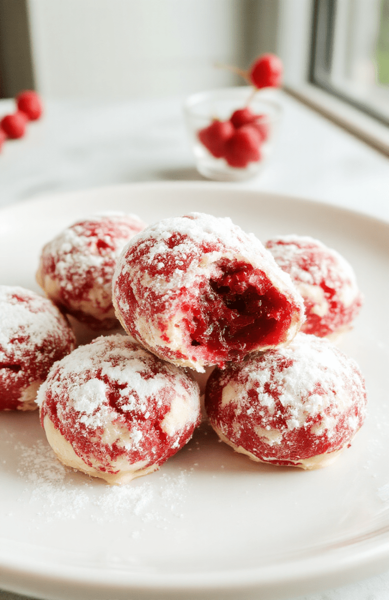 Colorful raspberry snowballs dusted with powdered sugar arranged on a white plate, with a festive holiday-themed backdrop, showcasing their round shape, flaky texture, and vibrant raspberry filling, styled simply for a homey, inviting look.