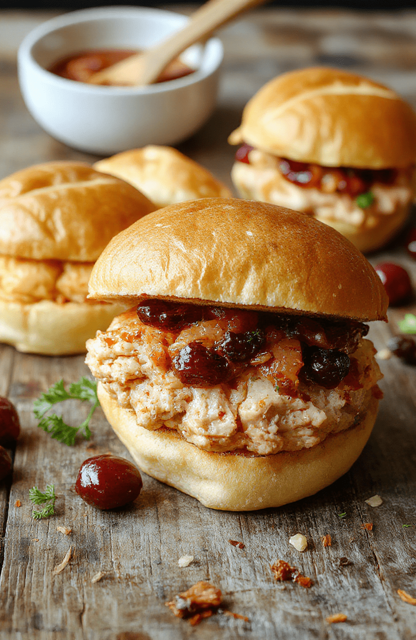 A close-up of a homemade turkey cranberry slider on a wooden serving board, featuring a toasted bun filled with turkey slices, vibrant cranberry sauce, melted cheese, and fresh greens. The slider looks juicy and inviting with a shiny bun, colorful ingredients, and a rustic background.