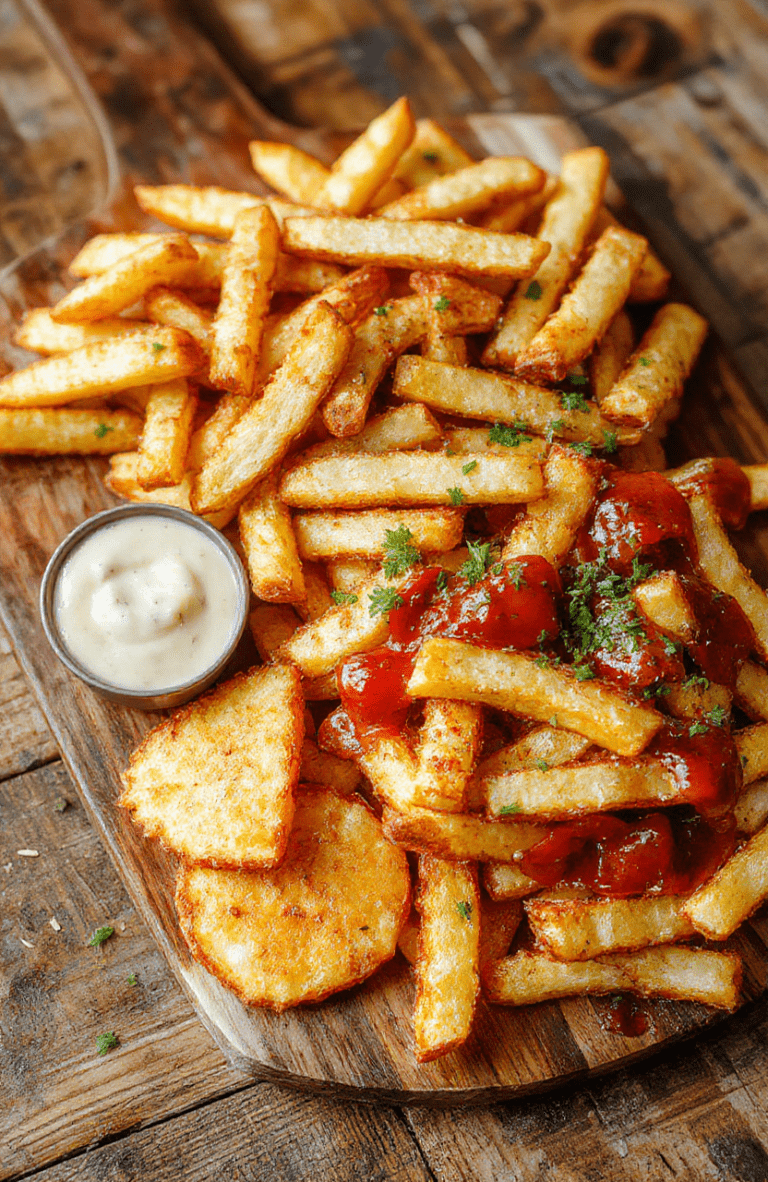 A vibrant, colorful French fry board featuring golden crispy fries arranged on a large wooden serving platter. Accompanying the fries are bowls of toppings like melted cheese, spicy ketchup, aioli, and fresh herbs. The fries are sprinkled with herbs and spices, with some styled with toppings like cheese and bacon bits. The background shows a cozy party setting with warm lighting and festive decor, emphasizing an inviting and shareable snack experience.